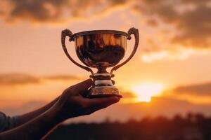 närbild av en trofén i de händer av en man på solnedgång ai genererad foto