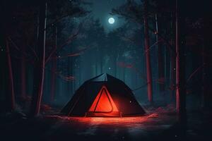 tält i de mörk skog på natt med en full måne. 3d tolkning ai genererad foto