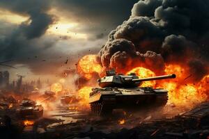 krig begrepp. militär silhuetter stridande scen tank på krig dimma himmel bakgrund, ai genererad foto