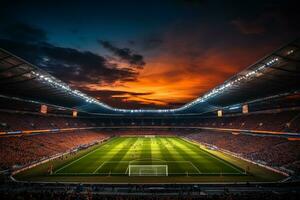 kväll se av en modern och skön fotboll stadion med flodljus ai genererad foto