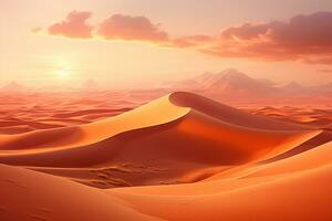 öken- sand sanddyner på solnedgång, 3d framställa natur bakgrund ai genererad foto