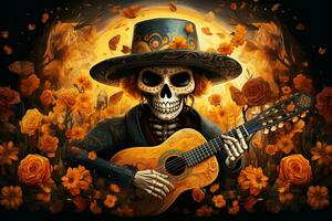 skalle spelar gitarr på en mexikansk dag av de död- bakgrund ai genererad foto