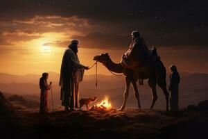 nativity scen med klok män och kameler i de öken- ai genererad foto