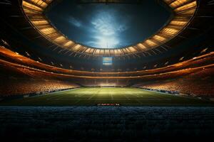 3d framställa av en fotboll stadion i de natt med lampor och bloss ai genererad foto