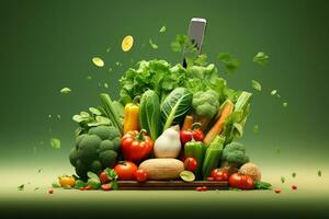 friska mat begrepp med färsk grönsaker och mobil telefon på grön bakgrund ai genererad foto