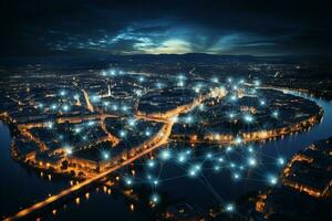 antenn se av byggnader stad på natt med internet nätverk förbindelse. ai genererad foto