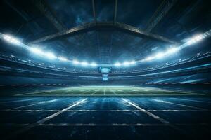 fotboll stadion på natt med lampor och bloss. 3d tolkning ai genererad foto