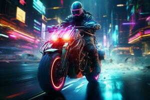 tävlings motorcykel med neon lampor på de bakgrund. 3d tolkning. ai genererad foto