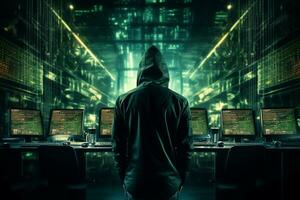 hacker i huva stjäla data från dator. cyber brottslighet begrepp. ai genererad foto
