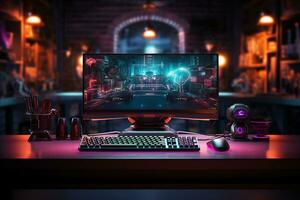 cyberpunk gamer arbetsyta med personlig dator och gaming Tillbehör. 3d tolkning ai genererad foto