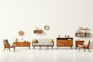 modern levande rum interiör med brun soffa, bokhylla och kaffe tabell. 3d framställa ai genererad foto