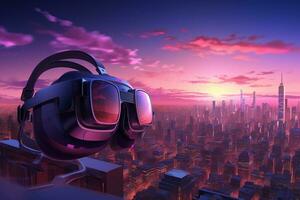 virtuell verklighet glasögon i främre av stad horisont på solnedgång. 3d tolkning ai genererad foto