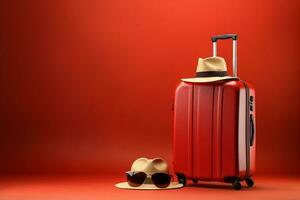 resväska med hatt och solglasögon på röd bakgrund. resa begrepp ai genererad foto