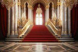 interiör av kunglig palats med röd matta och trappa, 3d framställa ai genererad foto
