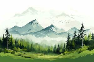 bergen och skog i de dimma. digital målning. vektor illustration. ai genererad foto
