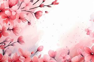 vattenfärg blommig gräns med rosa blommor och löv på vit bakgrund. ai genererad foto