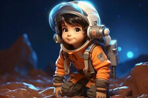 3d tolkning av en liten flicka i ett astronaut kostym och hjälm ai genererad foto