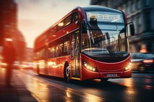 röd dubbel- däck buss på de väg i London på solnedgång. ai genererad foto