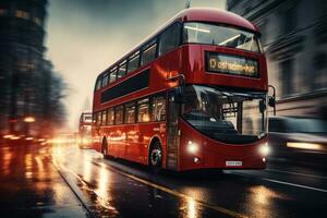 röd dubbel- däck buss på de väg i London på solnedgång. ai genererad foto