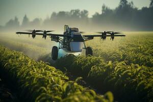 Drönare besprutning pesticider på jordbruks fält på solnedgång. Drönare besprutning pesticider på jordbruks fält. ai genererad foto