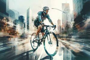 cyklist i hjälm ridning cykel på abstrakt stad bakgrund. dubbel- exponering ai genererad foto
