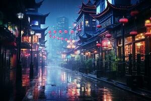 natt se av en gata i de stad av Shanghai, Kina. ai genererad foto