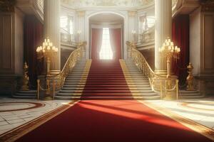 interiör av kunglig palats med röd matta och gyllene trappa. 3d rendering ai genererad foto