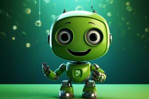 söt grön robot med smiley ansikte - 3d illustration av tecknad serie karaktär ai genererad foto