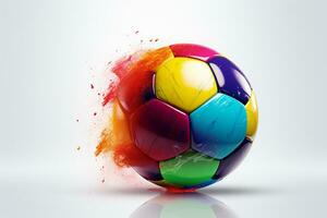 färgrik fotboll boll med stänk på grå bakgrund, sport begrepp ai genererad foto