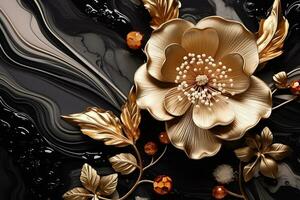 marmor abstrakt bakgrund med gyllene blomma. svart och vit flytande textur ai genererad foto