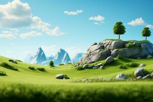 fantasi landskap med träd och rocks. 3d framställa illustration. ai genererad foto