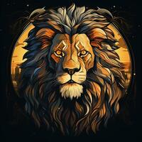 lejon huvud med grunge effekt och Sol bakgrund. vektor illustration. foto