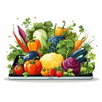 grönsaker och läsplatta pc på vit bakgrund. vektor illustration. ai genererad foto
