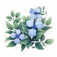 blå blommor med grön löv på vit bakgrund. hand dragen vektor illustration. ai genererad foto