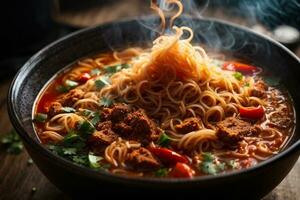 frestande varm kryddad spaghetti generativ ai foto