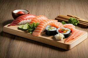 läckra färsk skaldjur tallrik med sushi sashimi och wasabi generativ ai foto