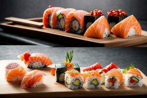 läckra skaldjur glädje med sushi, sashimi och wasabi förbi generativ ai foto