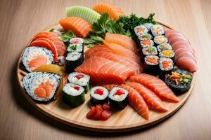 frestande färsk skaldjur glädje med sushi, sashimi och wasabi förbi generativ ai foto