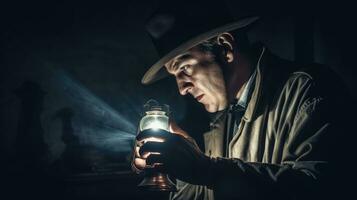 detektiv- innehav en ficklampa generativ ai foto