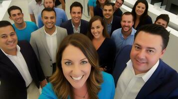företag människor tar selfies på arbete. generativ ai foto