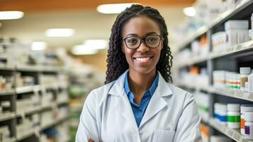 apotekare afrikansk amerikan kvinna i främre av apotek hyllor. generativ ai foto