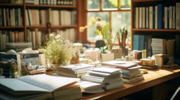 en arbete rum med en skrivbord och massor av böcker. generativ ai foto