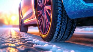 närbild av de däck av en bil med vinter- snö däck. generativ ai foto
