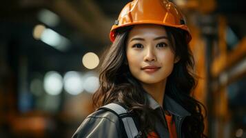 en självsäker asiatisk arbetssätt kvinna bär en hård hatt och arbete kläder. generativ ai foto