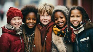 leende Foto av barn från annorlunda kulturer. generativ ai