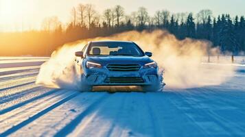 bil körning på snö täckt väg. generativ ai foto