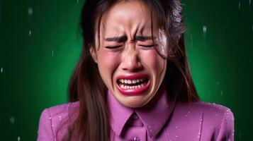 gråt asiatisk flicka ledsen. generativ ai foto