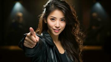 asiatisk ung flicka pekande i de motsatt riktning. generativ ai foto