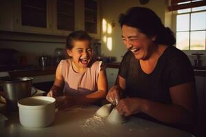 en liten flicka har roligt i de kök med henne mormor. generativ ai foto