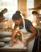 ung kvinna arbetssätt i en bageri. generativ ai foto